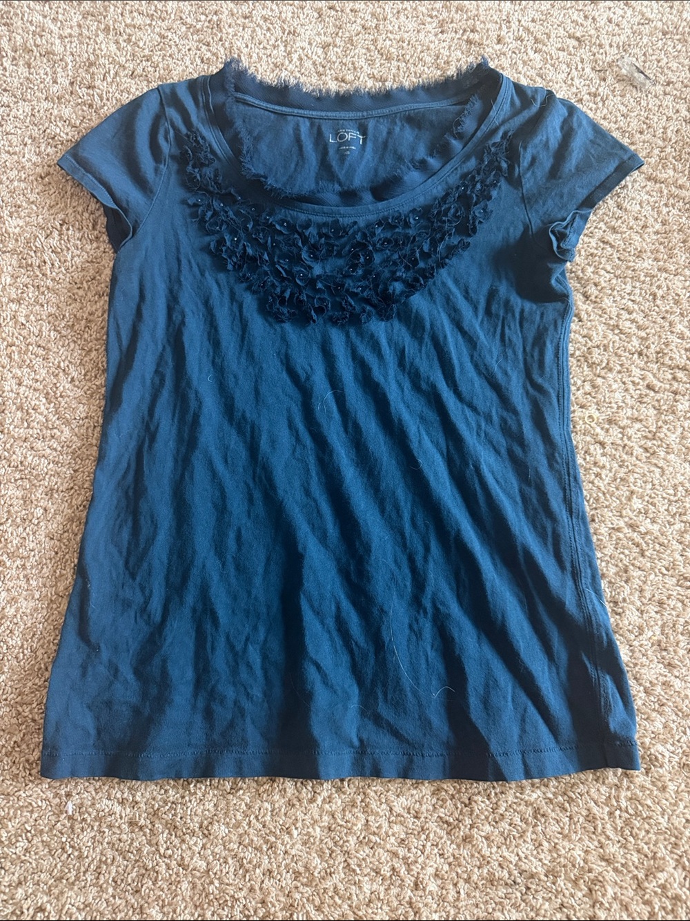 LOFT Navy Short Sleeve Scoop Neck Tee with Beaded Floral Trim